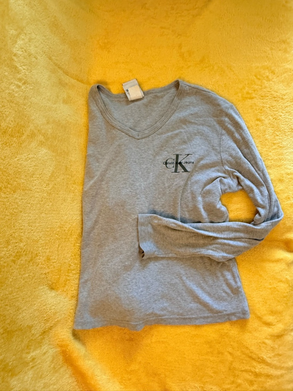 Calvin Klein Light Gray V-Neck Long Sleeve Shirt with CK Logo